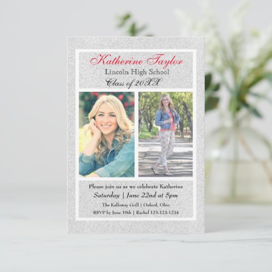 Faux Silver Glitter - 3x5 Afstuderen Aankondiging (Staand voorkant)