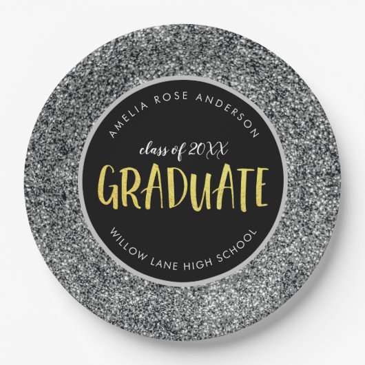 Faux Silver Glitter Afstuderen Afstuderen Papieren Bordje (Voorkant)