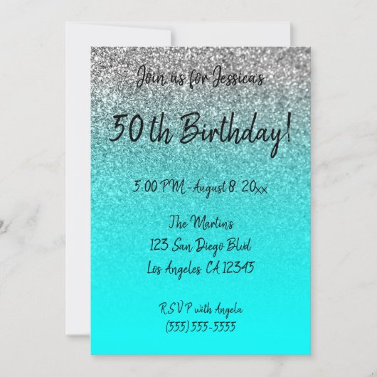 Faux Silver Glitter Aqua Ombre 50th Birthday Kaart (Voorkant)
