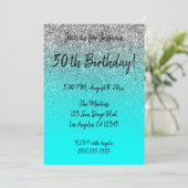 Faux Silver Glitter Aqua Ombre 50th Birthday Kaart (Staand voorkant)