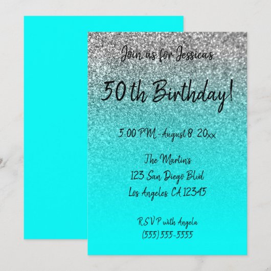 Faux Silver Glitter Aqua Ombre 50th Birthday Kaart (Voorkant / Achterkant)