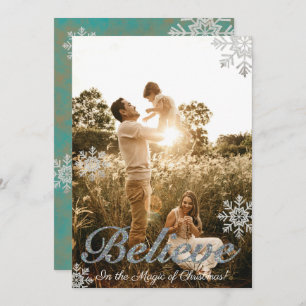 Faux Silver Glitter Believe Photo Feestdagenkaart