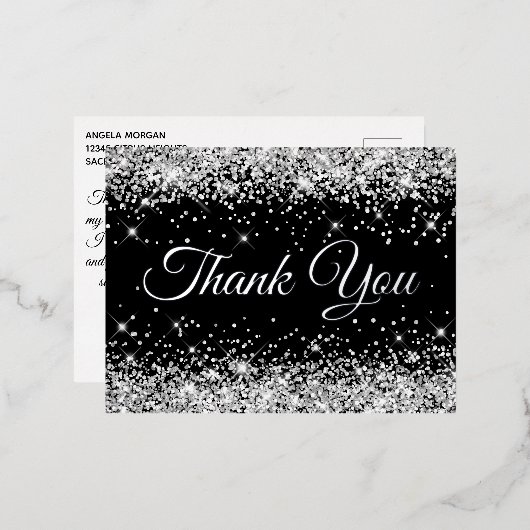 Faux Silver Glitter Black 40th Birthday Hartelijk  Folie Uitnodiging Briefkaart (Voorkant / Achterkant)