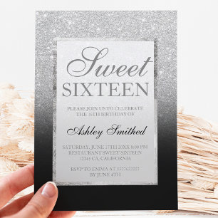 Faux Silver Glitter Black Eegant Sweet 16 Kaart