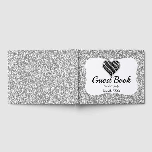 Faux Silver Glitter Black Heart Weddenschap Gastenboek (Volledig)