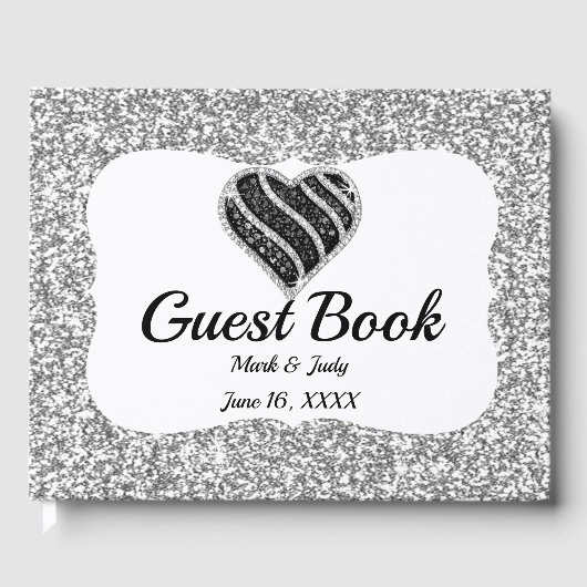 Faux Silver Glitter Black Heart Weddenschap Gastenboek (Voorkant)