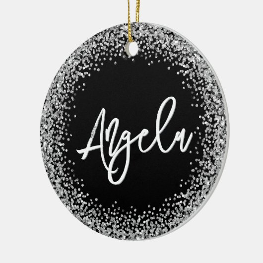 Faux Silver Glitter Black Photo Keramisch Ornament (Links)
