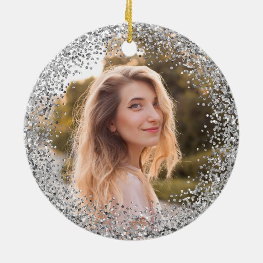 Faux Silver Glitter Black Photo Keramisch Ornament (Achterkant)