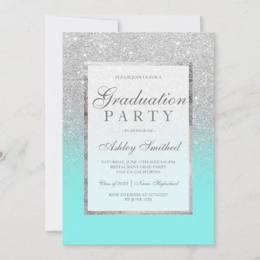 Faux Silver Glitter blauwgroen Graduparty Kaart (Voorkant)