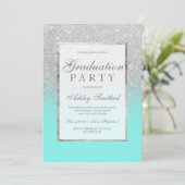 Faux Silver Glitter blauwgroen Graduparty Kaart (Staand voorkant)