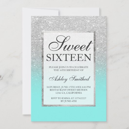 Faux Silver Glitter blauwgroen Sweet 16 Kaart (Voorkant)