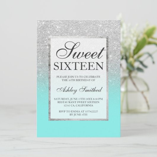 Faux Silver Glitter blauwgroen Sweet 16 Kaart (Staand voorkant)