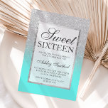 Faux Silver Glitter blauwgroen Sweet 16 Kaart<br><div class="desc">Een modern,   en elegant faux zilveren glitter douche ombre met blauwgroen oceaankleurblok Sweet 16 verjaardagsfeestuitnodiging met een zilverkleurig ombre-patroon dat op een blauwgroen achtergrond vervaagt,  met elegant zilveren lijst Perfect voor een prinses Sweet-zestien.</div>