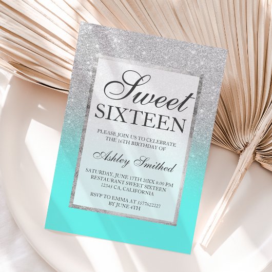 Faux Silver Glitter blauwgroen Sweet 16 Kaart