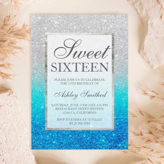 Faux Silver Glitter Blue blauwgroen Sweet 16 Kaart