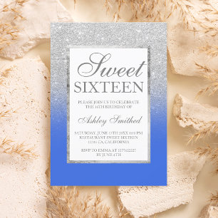 Faux Silver Glitter Blue Eegant Sweet 16 Kaart