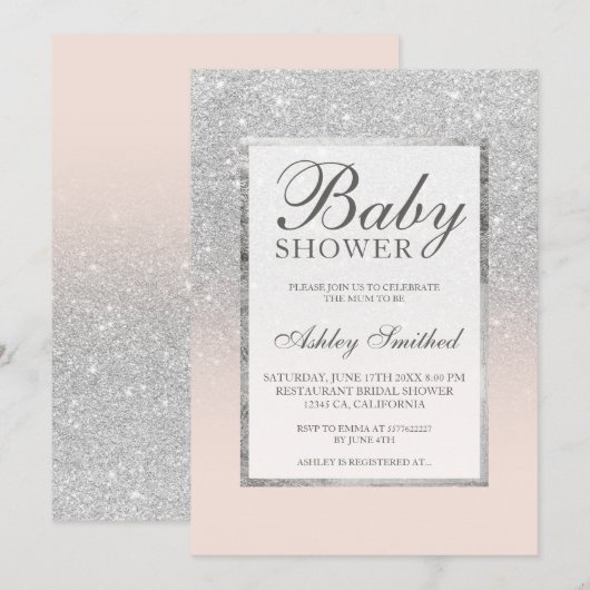 Faux Silver Glitter blush elegant Baby shower Kaart (Voorkant / Achterkant)