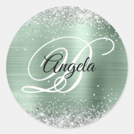 Faux Silver Glitter Bord Mint Folie Monogram Ronde Sticker