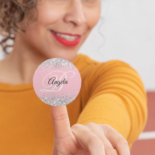 Faux Silver Glitter Bord Roze Fancy Monogram Ronde Sticker