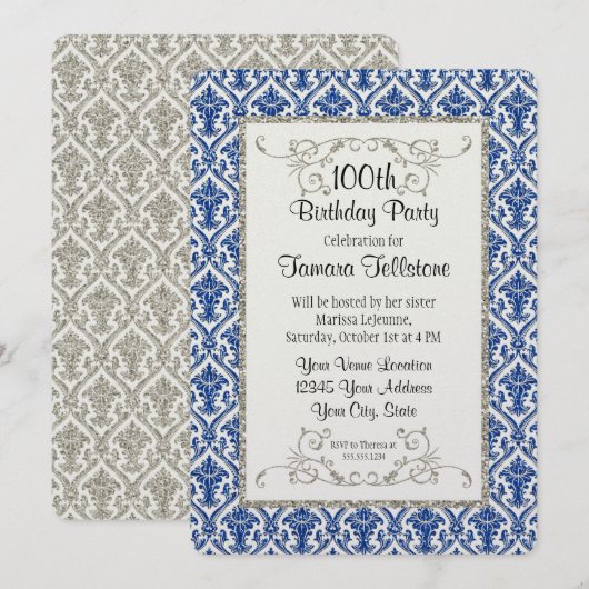 Faux Silver Glitter Damask Floral Pattern Birthday Kaart (Voorkant / Achterkant)