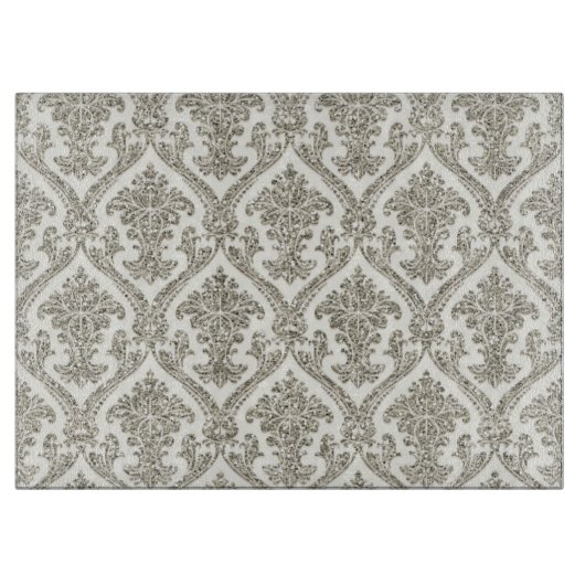 Faux Silver Glitter Damask Floral Pattern Kitchen Snijplank (Voorkant)