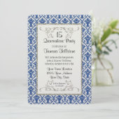 Faux Silver Glitter Damask Quinceanera Party Kaart (Staand voorkant)