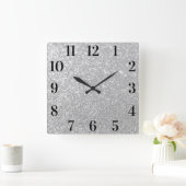 Faux Silver Glitter Elegant Black Numbers Vierkante Klok (Huis)