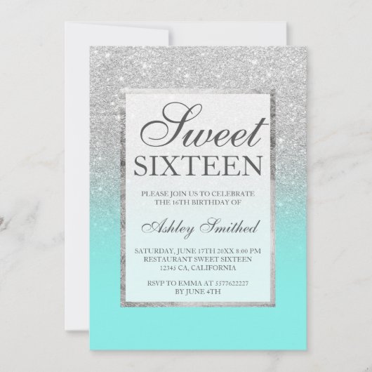 Faux Silver glitter elegant blauwgroen Sweet 16 Kaart (Voorkant)