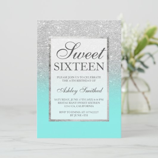Faux Silver glitter elegant blauwgroen Sweet 16 Kaart (Staand voorkant)
