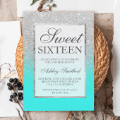 Faux Silver glitter elegant blauwgroen Sweet 16 Kaart