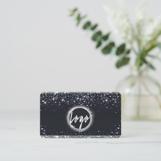 Faux Silver Glitter en Black Elegant QR-code Visitekaartje (Staand voorkant)