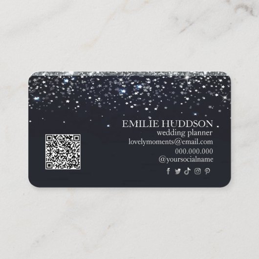 Faux Silver Glitter en Black Elegant QR-code Visitekaartje (Achterkant)