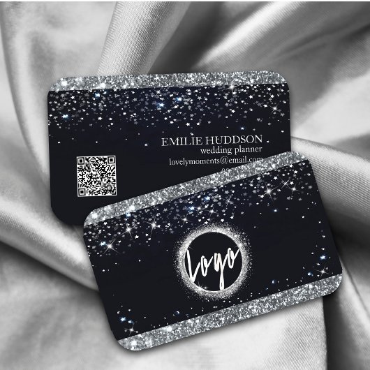 Faux Silver Glitter en Black Elegant QR-code Visitekaartje