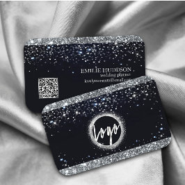 Faux Silver Glitter en Black Elegant QR-code Visitekaartje
