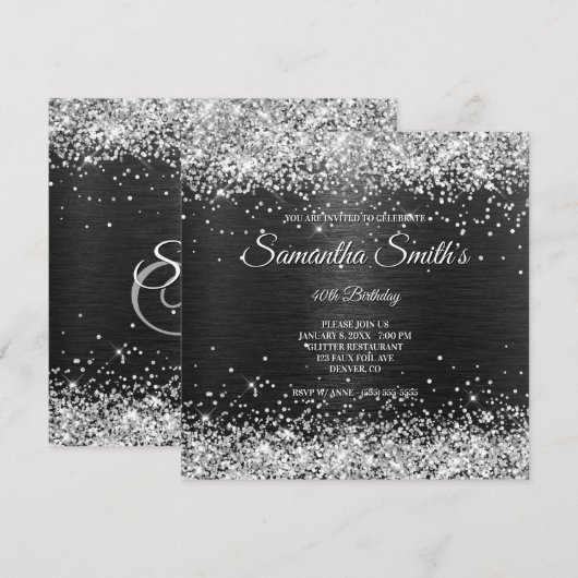 Faux Silver Glitter en Black Folie 40th Birthday Kaart (Voorkant / Achterkant)