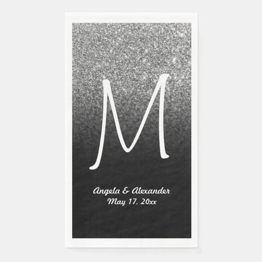 Faux Silver Glitter en Black Ombre Monogram Servet (Voorkant)