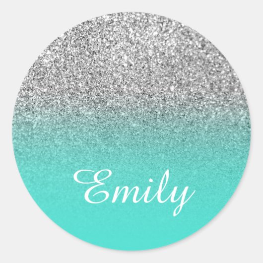 Faux Silver Glitter en Classic Turquoise Gradient Ronde Sticker (Voorkant)