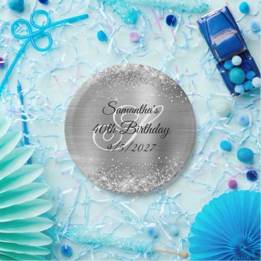 Faux Silver Glitter en Folie 40th Birthday Papieren Bordje (Feest)