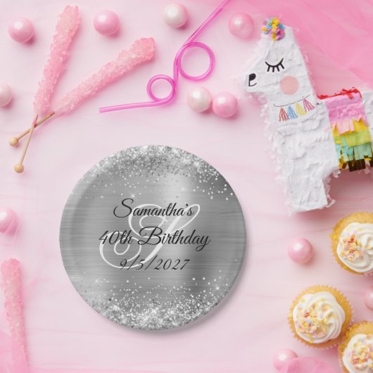 Faux Silver Glitter en Folie 40th Birthday Papieren Bordje (Feest)