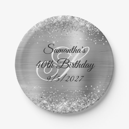 Faux Silver Glitter en Folie 40th Birthday Papieren Bordje (Voorkant)
