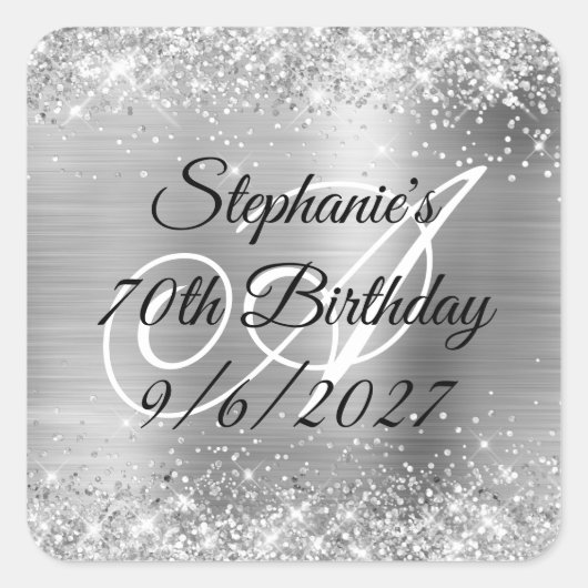 Faux Silver Glitter en Folie 70th Birthday Vierkante Sticker (Voorkant)