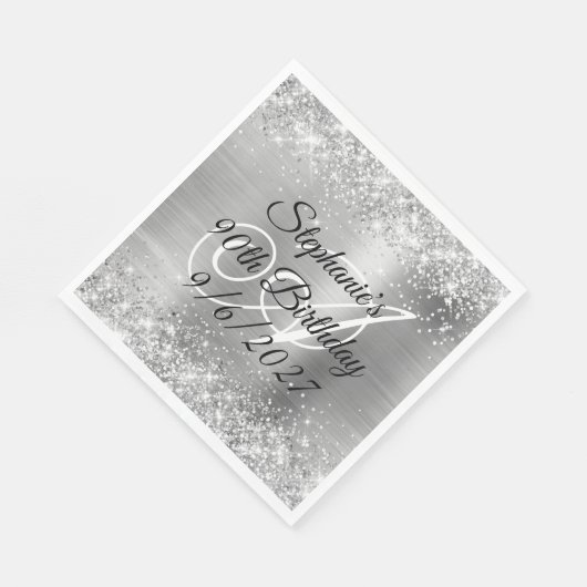Faux Silver Glitter en Folie 90th Birthday Servet (Hoek)