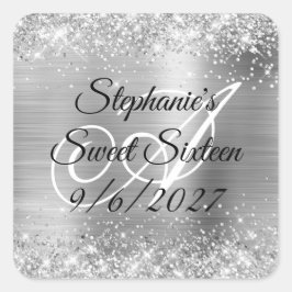 Faux Silver Glitter en Folie Sweet Sixteen Vierkante Sticker