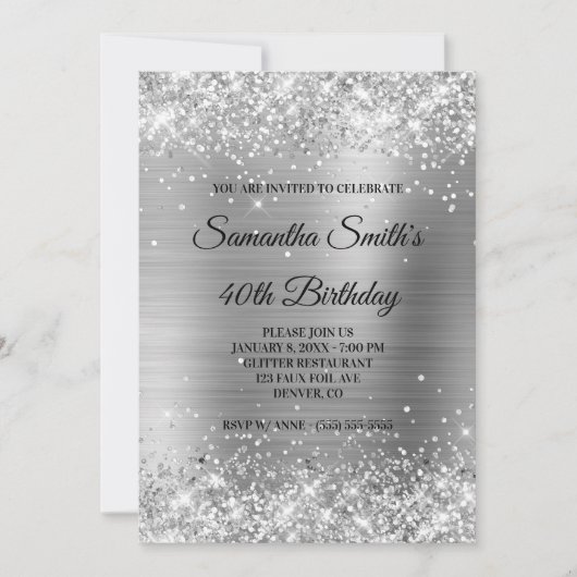 Faux Silver Glitter en Shiny Folie 40th Birthday Kaart (Voorkant)
