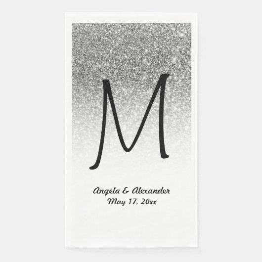 Faux Silver Glitter en White Ombre Monogram Servet (Voorkant)
