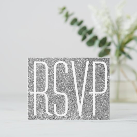 Faux Silver Glitter en White RSVP Briefkaart (Staand voorkant)