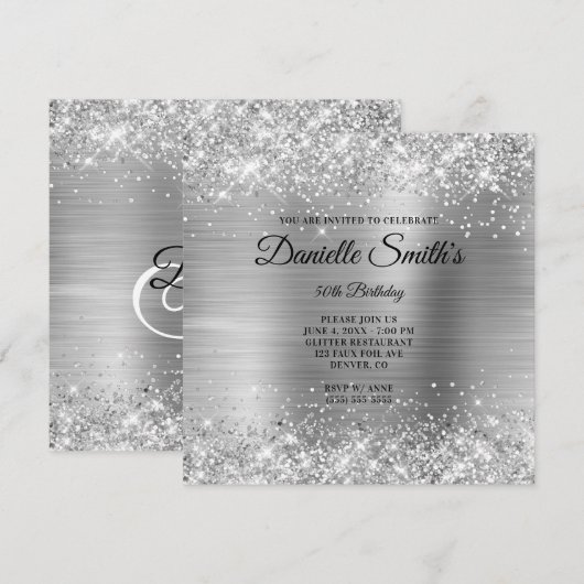 Faux Silver Glitter Folie Monogram 50e verjaardag Kaart (Voorkant / Achterkant)