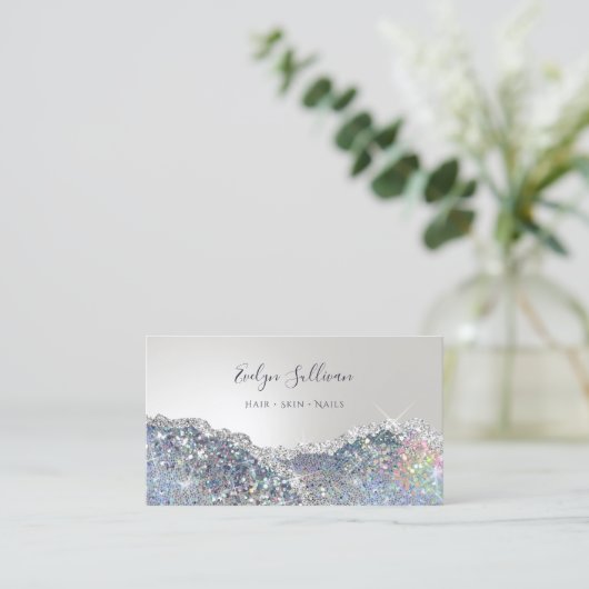 Faux silver glitter folie visitekaartje (Staand voorkant)