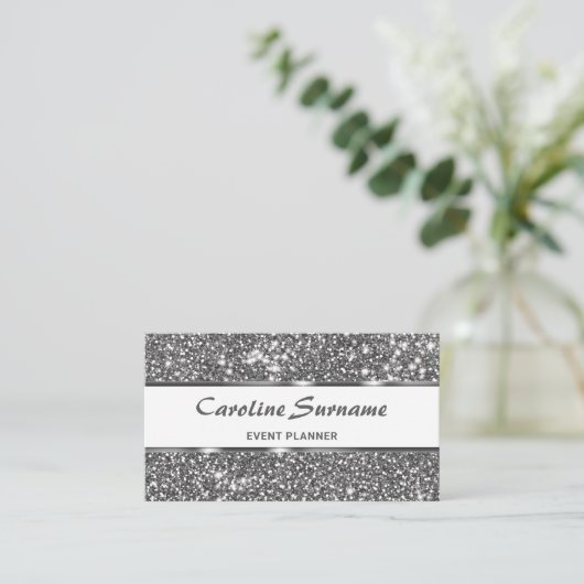 Faux Silver Glitter Grijs Glitter Event Planner Visitekaartje (Staand voorkant)