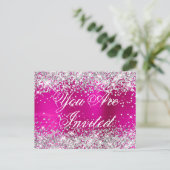 Faux Silver Glitter Hot Pink Birthday Uitnodiging (Staand voorkant)